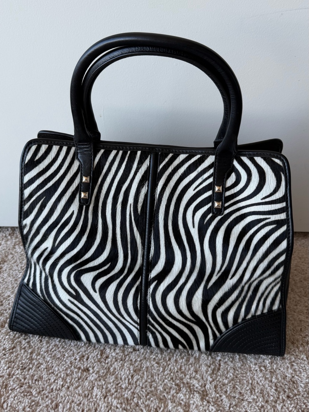Rebecca Minkoff Black Leather & Zebra Faux Fur Satchel Tote